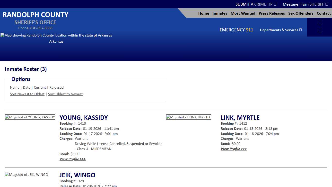 Inmate Roster - Released Inmates Booking Date Descending - Randolph County Sheriff AR
